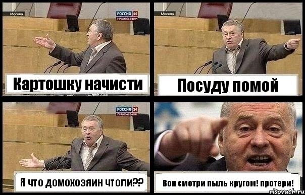 Картошку начисти Посуду помой Я что домохозяин чтоли?? Вон смотри пыль кругом! протери!