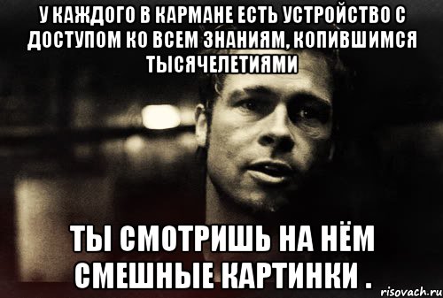 у каждого в кармане есть устройство с доступом ко всем знаниям, копившимся тысячелетиями ты смотришь на нём смешные картинки ., Мем Тайлер