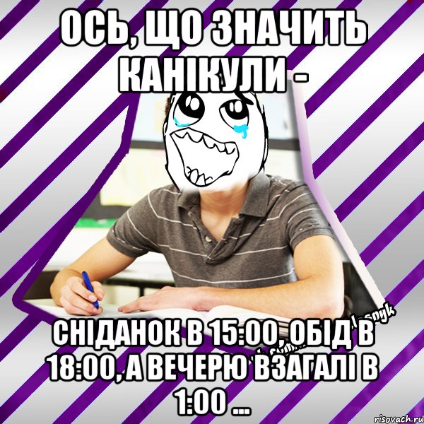 ось, що значить канікули - сніданок в 15:00, обід в 18:00, а вечерю взагалі в 1:00 ..., Мем Типовий девятикласник