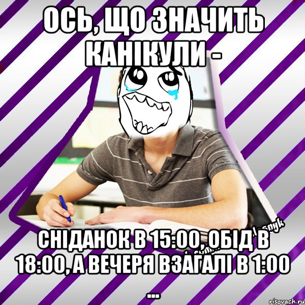 ось, що значить канікули - сніданок в 15:00, обід в 18:00, а вечеря взагалі в 1:00 ...