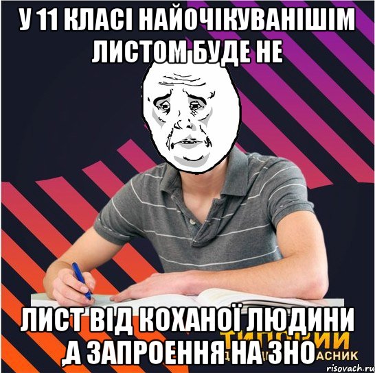 у 11 класі найочікуванішім листом буде не лист від коханої людини ,а запроення на зно, Мем Типовий одинадцятикласник