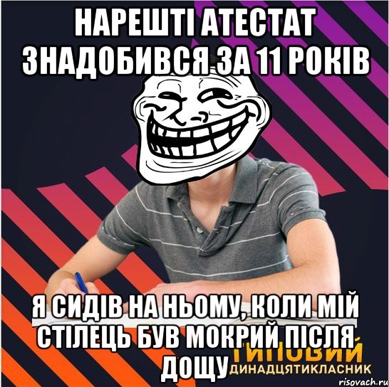 нарешті атестат знадобився за 11 років я сидів на ньому, коли мій стілець був мокрий після дощу, Мем Типовий одинадцятикласник
