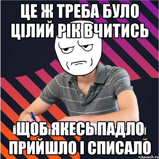 це ж треба було цілий рік вчитись щоб якесь падло прийшло і списало, Мем Типовий одинадцятикласник