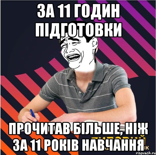 за 11 годин підготовки прочитав більше, ніж за 11 років навчання, Мем Типовий одинадцятикласник