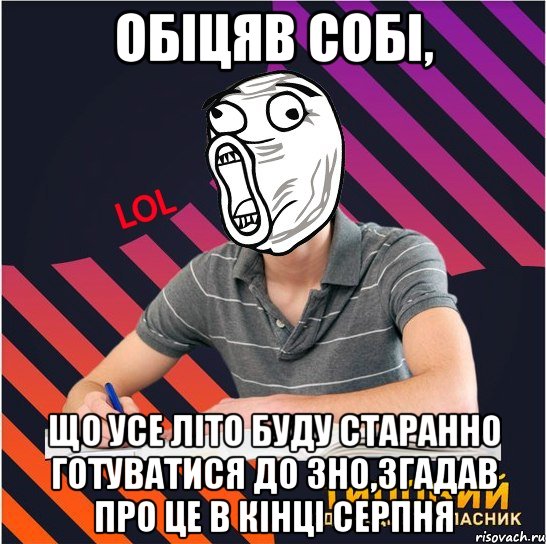 обіцяв собі, що усе літо буду старанно готуватися до зно,згадав про це в кінці серпня, Мем Типовий одинадцятикласник