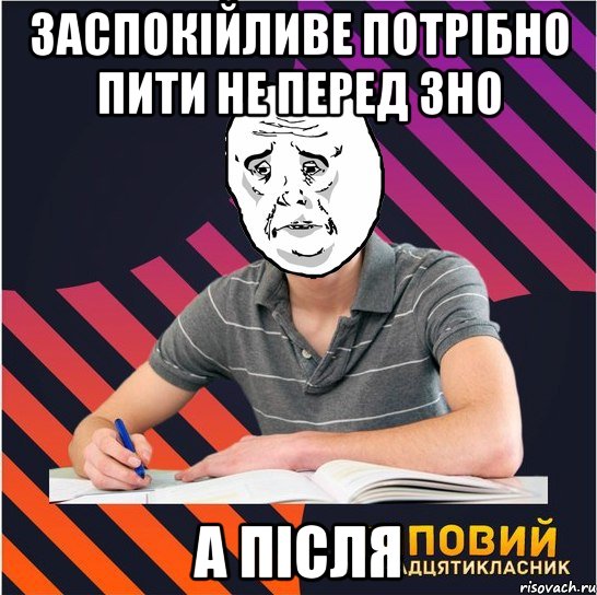 заспокійливе потрібно пити не перед зно а після, Мем Типовий одинадцятикласник