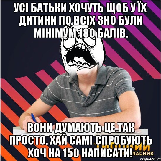 усі батьки хочуть щоб у їх дитини по всіх зно були мінімум 180 балів. вони думають це так просто. хай самі спробують хоч на 150 написати!, Мем Типовий одинадцятикласник