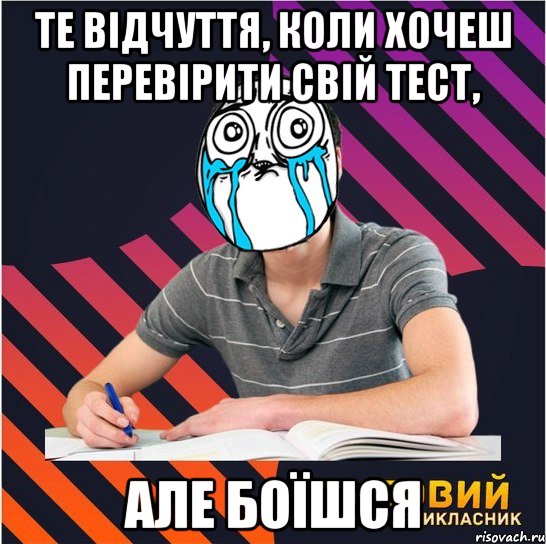 те відчуття, коли хочеш перевірити свій тест, але боїшся, Мем Типовий одинадцятикласник