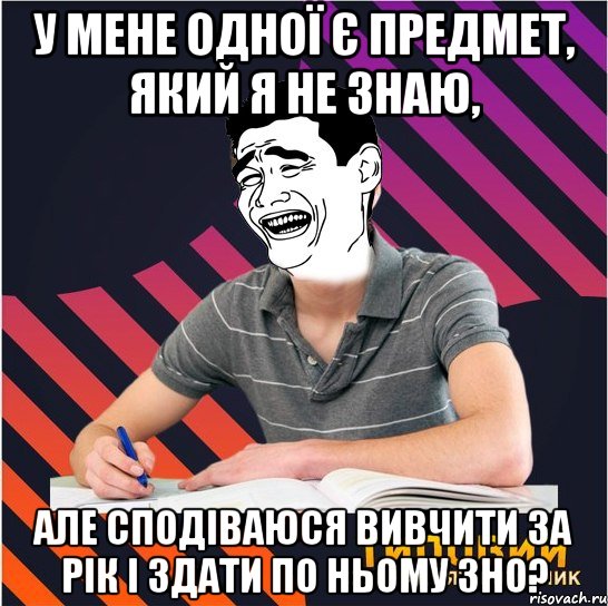 у мене одної є предмет, який я не знаю, але сподіваюся вивчити за рік і здати по ньому зно?, Мем Типовий одинадцятикласник