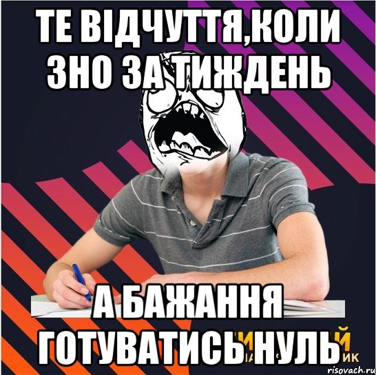 те відчуття,коли зно за тиждень а бажання готуватись нуль