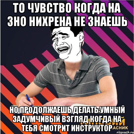 то чувство когда на зно нихрена не знаешь но продолжаешь делать умный задумчивый взгляд когда на тебя смотрит инструктор, Мем Типовий одинадцятикласник