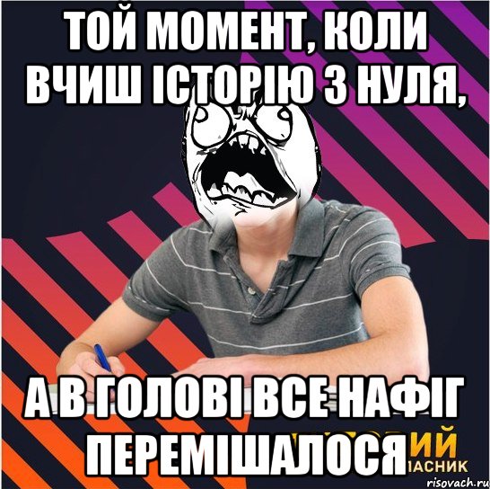 той момент, коли вчиш історію з нуля, а в голові все нафіг перемішалося, Мем Типовий одинадцятикласник