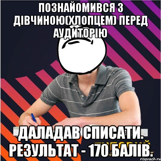 познайомився з дівчиною(хлопцем) перед аудиторію даладав списати. результат - 170 балів., Мем Типовий одинадцятикласник