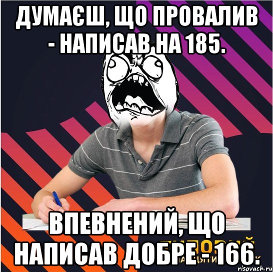 думаєш, що провалив - написав на 185. впевнений, що написав добре - 166., Мем Типовий одинадцятикласник