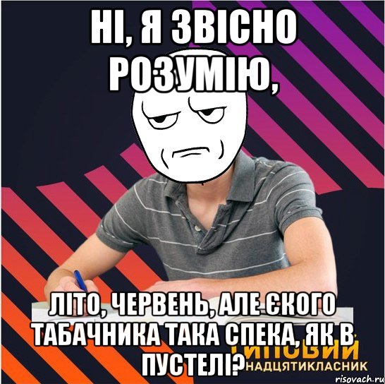 ні, я звісно розумію, літо, червень, але єкого табачника така спека, як в пустелі?, Мем Типовий одинадцятикласник