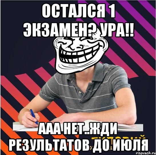 остался 1 экзамен? ура!! ааа нет..жди результатов до июля, Мем Типовий одинадцятикласник