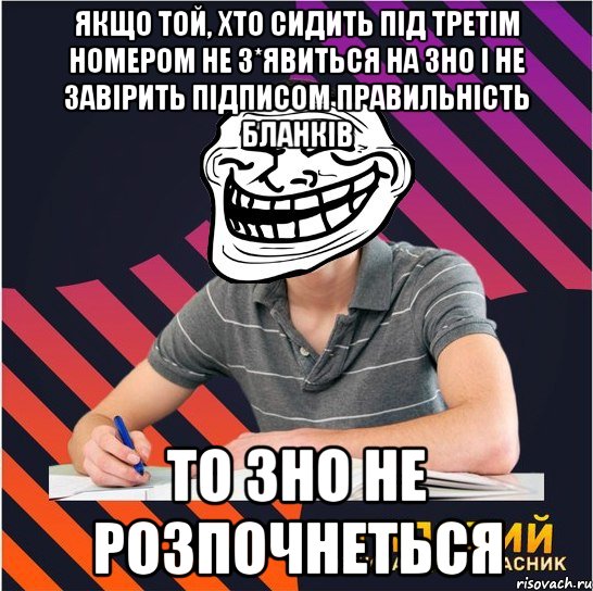 якщо той, хто сидить під третім номером не з*явиться на зно і не завірить підписом правильність бланків то зно не розпочнеться