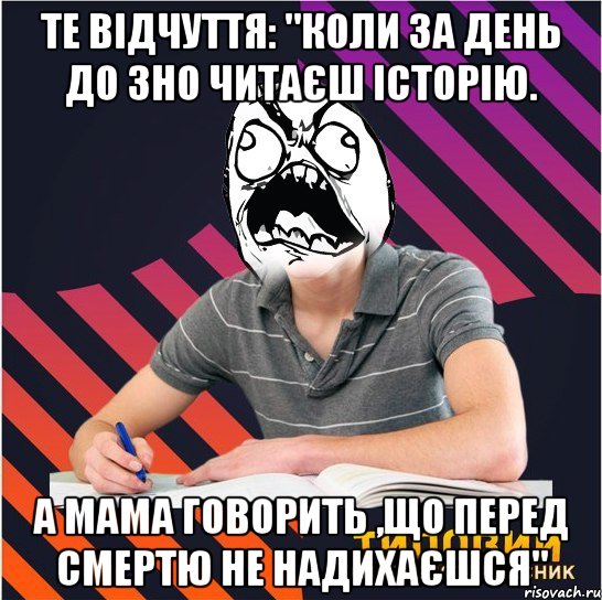 те відчуття: "коли за день до зно читаєш історію. а мама говорить ,що перед смертю не надихаєшся", Мем Типовий одинадцятикласник