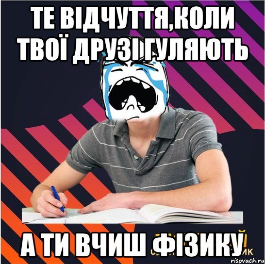 те відчуття,коли твої друзі гуляють а ти вчиш фізику, Мем Типовий одинадцятикласник