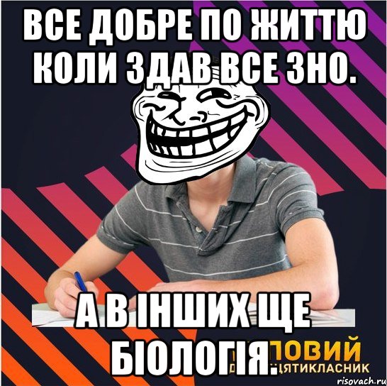 все добре по життю коли здав все зно. а в інших ще біологія., Мем Типовий одинадцятикласник