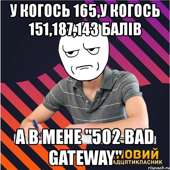 у когось 165,у когось 151,187,143 балів а в мене "502 bad gateway", Мем Типовий одинадцятикласник