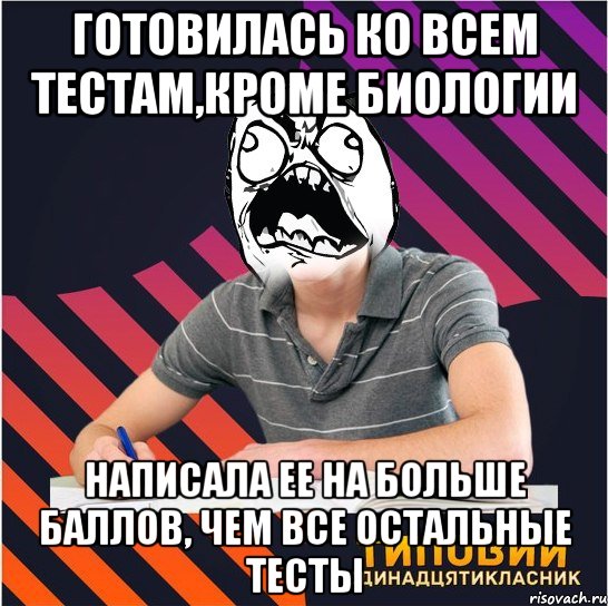 готовилась ко всем тестам,кроме биологии написала ее на больше баллов, чем все остальные тесты