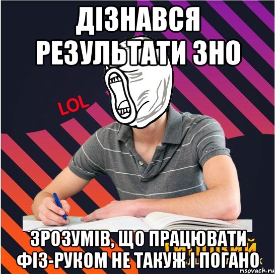 дізнався результати зно зрозумів, що працювати фіз-руком не такуж і погано, Мем Типовий одинадцятикласник