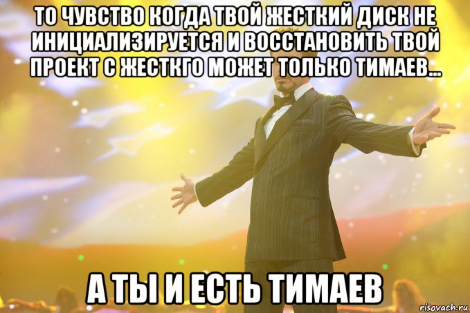 то чувство когда твой жесткий диск не инициализируется и восстановить твой проект с жесткго может только тимаев... а ты и есть тимаев, Мем Тони Старк (Роберт Дауни младший)