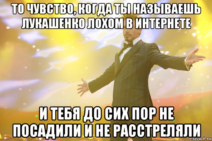 то чувство, когда ты называешь лукашенко лохом в интернете и тебя до сих пор не посадили и не расстреляли, Мем Тони Старк (Роберт Дауни младший)