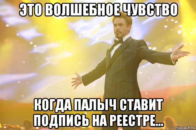 это волшебное чувство когда палыч ставит подпись на реестре..., Мем Тони Старк (Роберт Дауни младший)