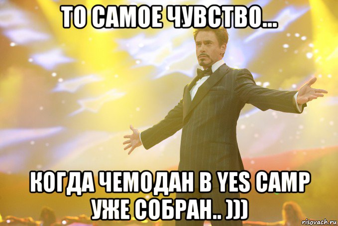 то самое чувство... когда чемодан в yes camp уже собран.. ))), Мем Тони Старк (Роберт Дауни младший)