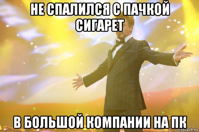 не спалился с пачкой сигарет в большой компании на пк, Мем Тони Старк (Роберт Дауни младший)