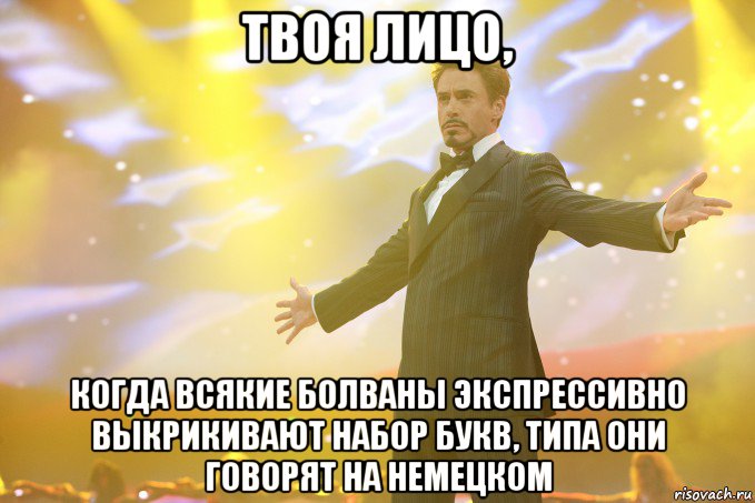 твоя лицо, когда всякие болваны экспрессивно выкрикивают набор букв, типа они говорят на немецком, Мем Тони Старк (Роберт Дауни младший)