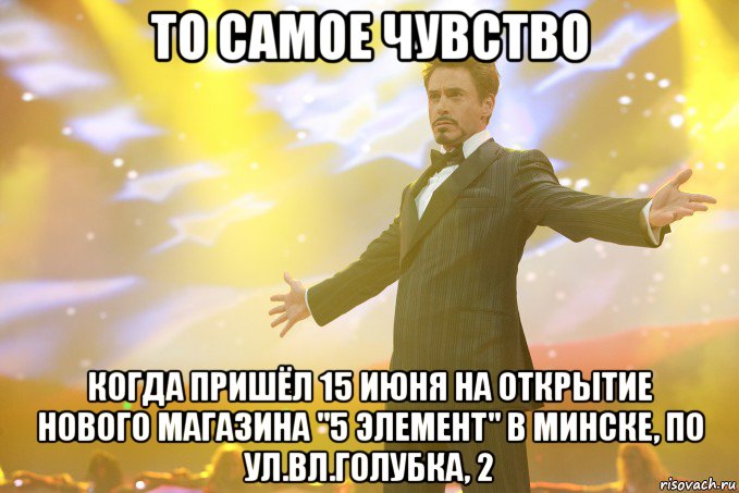 то самое чувство когда пришёл 15 июня на открытие нового магазина "5 элемент" в минске, по ул.вл.голубка, 2, Мем Тони Старк (Роберт Дауни младший)