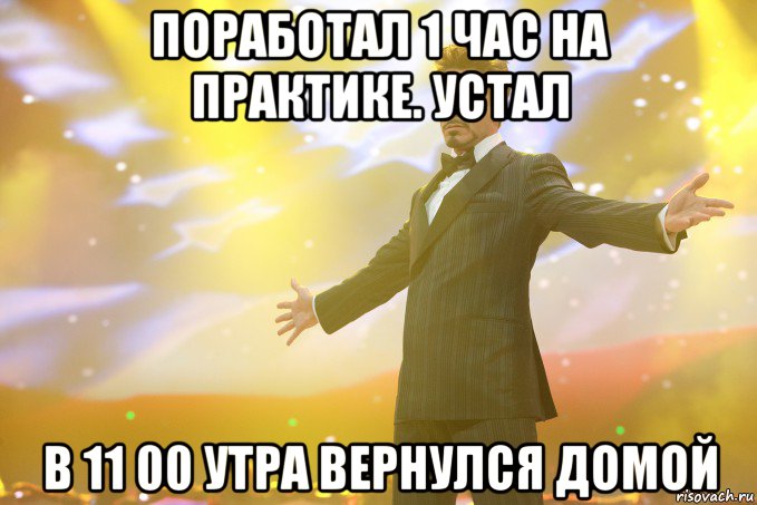 поработал 1 час на практике. устал в 11 00 утра вернулся домой, Мем Тони Старк (Роберт Дауни младший)