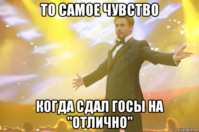 то самое чувство когда сдал госы на "отлично", Мем Тони Старк (Роберт Дауни младший)