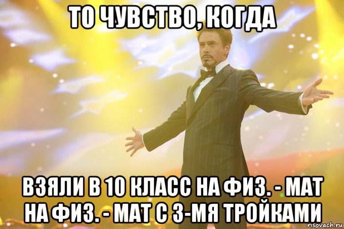 то чувство, когда взяли в 10 класс на физ. - мат на физ. - мат с 3-мя тройками, Мем Тони Старк (Роберт Дауни младший)