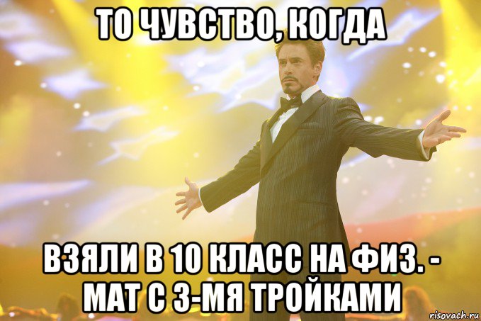 то чувство, когда взяли в 10 класс на физ. - мат с 3-мя тройками, Мем Тони Старк (Роберт Дауни младший)