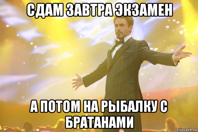 сдам завтра экзамен а потом на рыбалку с братанами, Мем Тони Старк (Роберт Дауни младший)