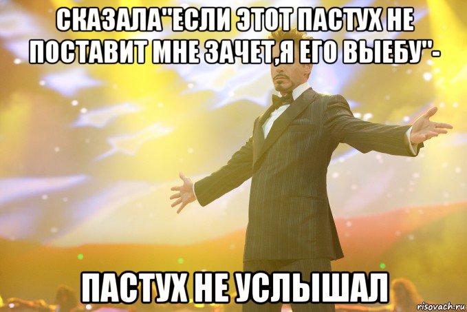 сказала"если этот пастух не поставит мне зачет,я его выебу"- пастух не услышал, Мем Тони Старк (Роберт Дауни младший)