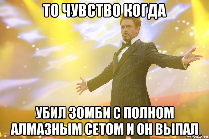 то чувство когда убил зомби с полном алмазным сетом и он выпал, Мем Тони Старк (Роберт Дауни младший)