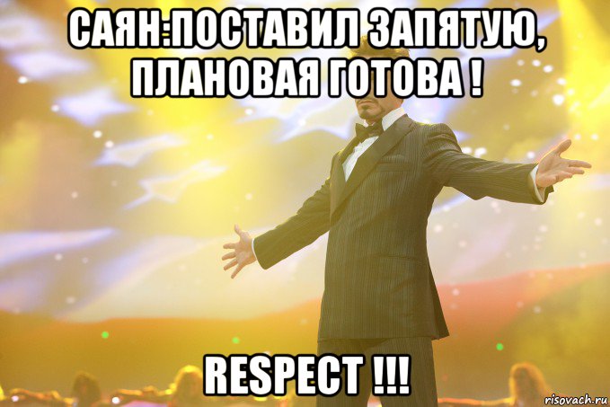 саян:поставил запятую, плановая готова ! respect !!!, Мем Тони Старк (Роберт Дауни младший)