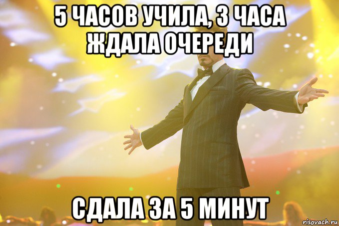 5 часов учила, 3 часа ждала очереди сдала за 5 минут, Мем Тони Старк (Роберт Дауни младший)