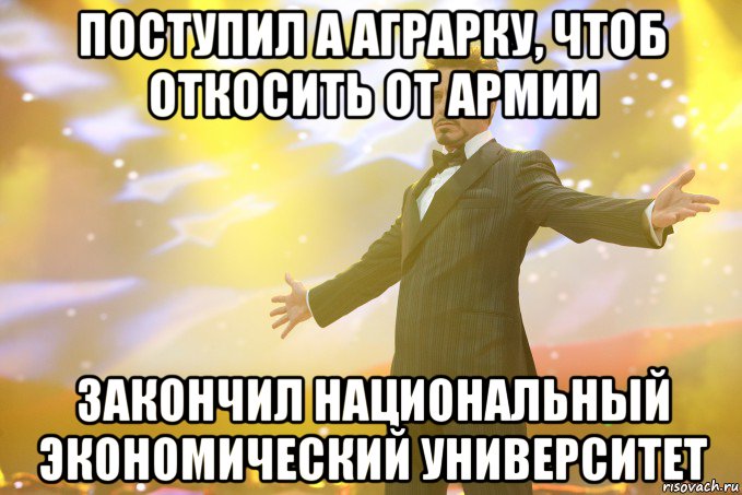 поступил а аграрку, чтоб откосить от армии закончил национальный экономический университет, Мем Тони Старк (Роберт Дауни младший)