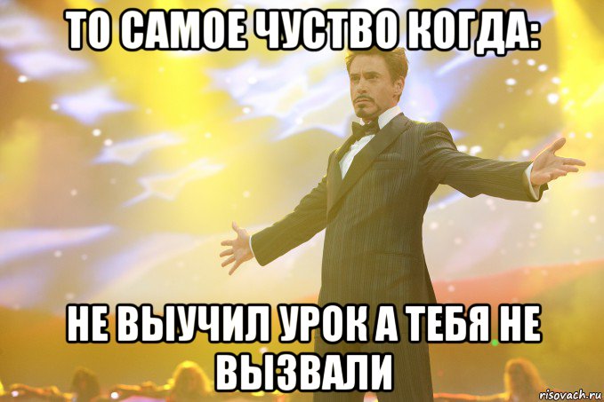 то самое чуство когда: не выучил урок а тебя не вызвали, Мем Тони Старк (Роберт Дауни младший)