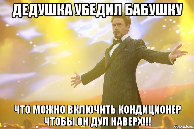 дедушка убедил бабушку что можно включить кондиционер чтобы он дул наверх!!!, Мем Тони Старк (Роберт Дауни младший)