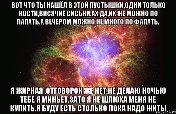 вот что ты нашёл в этой пустышки,одни только кости,висячие сиськи.ах да,их же можно по лапать.а вечером можно не много по фапать. я жирная ,отговорок же нет.не делаю ночью тебе я миньет.зато я не шлюха меня не купить.я буду есть столько пока надо жить!, Мем Туманность