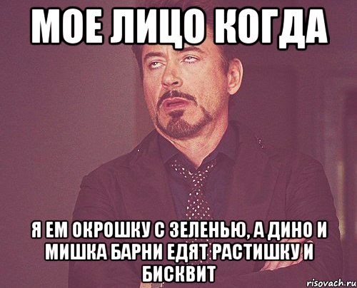 мое лицо когда я ем окрошку с зеленью, а дино и мишка барни едят растишку и бисквит, Мем твое выражение лица