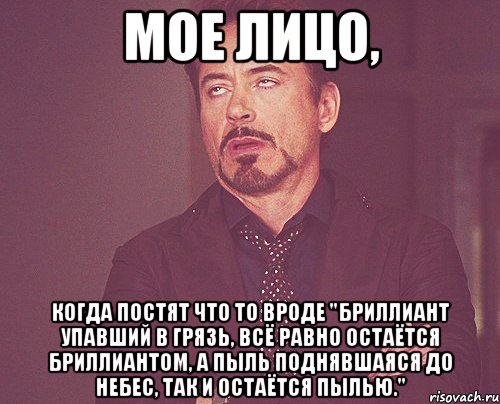 мое лицо, когда постят что то вроде "бриллиант упавший в грязь, всё равно остаётся бриллиантом, а пыль поднявшаяся до небес, так и остаётся пылью.", Мем твое выражение лица