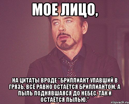 мое лицо, на цитаты вроде "бриллиант упавший в грязь, всё равно остаётся бриллиантом, а пыль поднявшаяся до небес, так и остаётся пылью.", Мем твое выражение лица